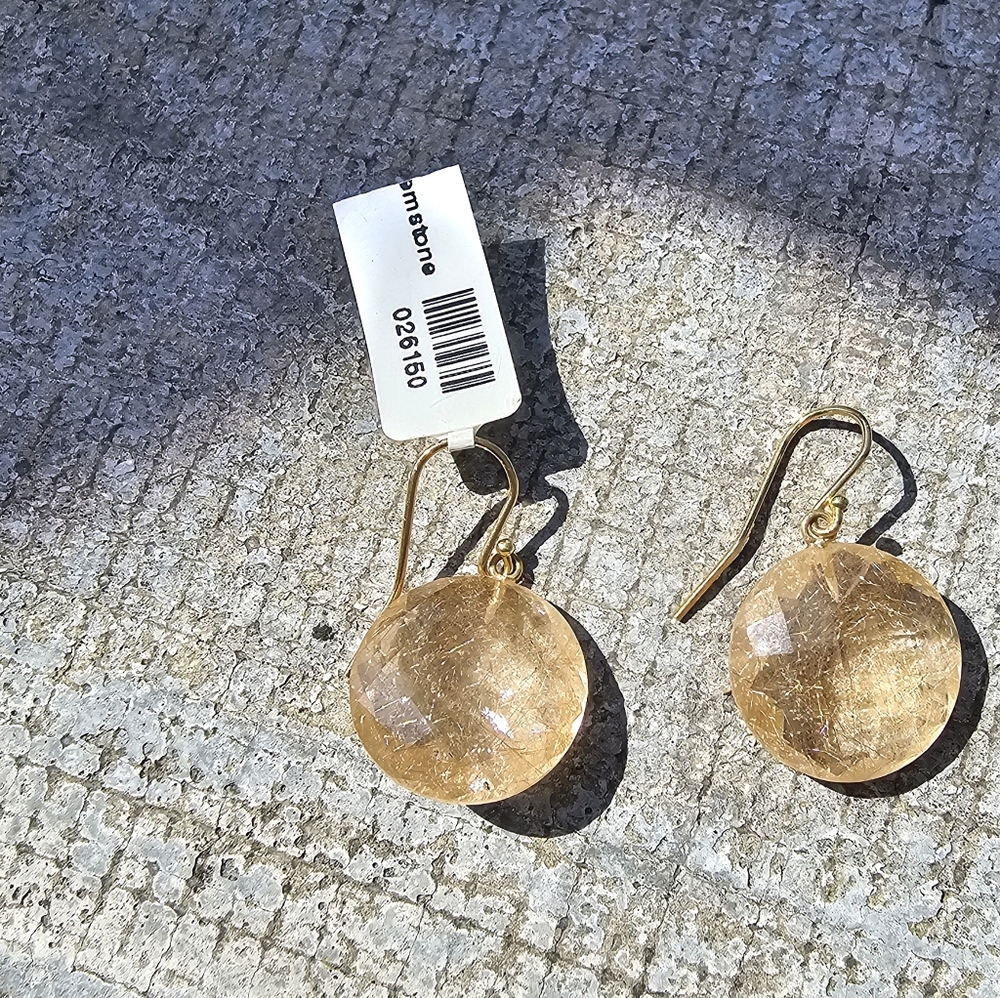 Elegant Rutilated Quartz And Solid 18k Yellow Gold Drop Earrings - Picture 7 of 12